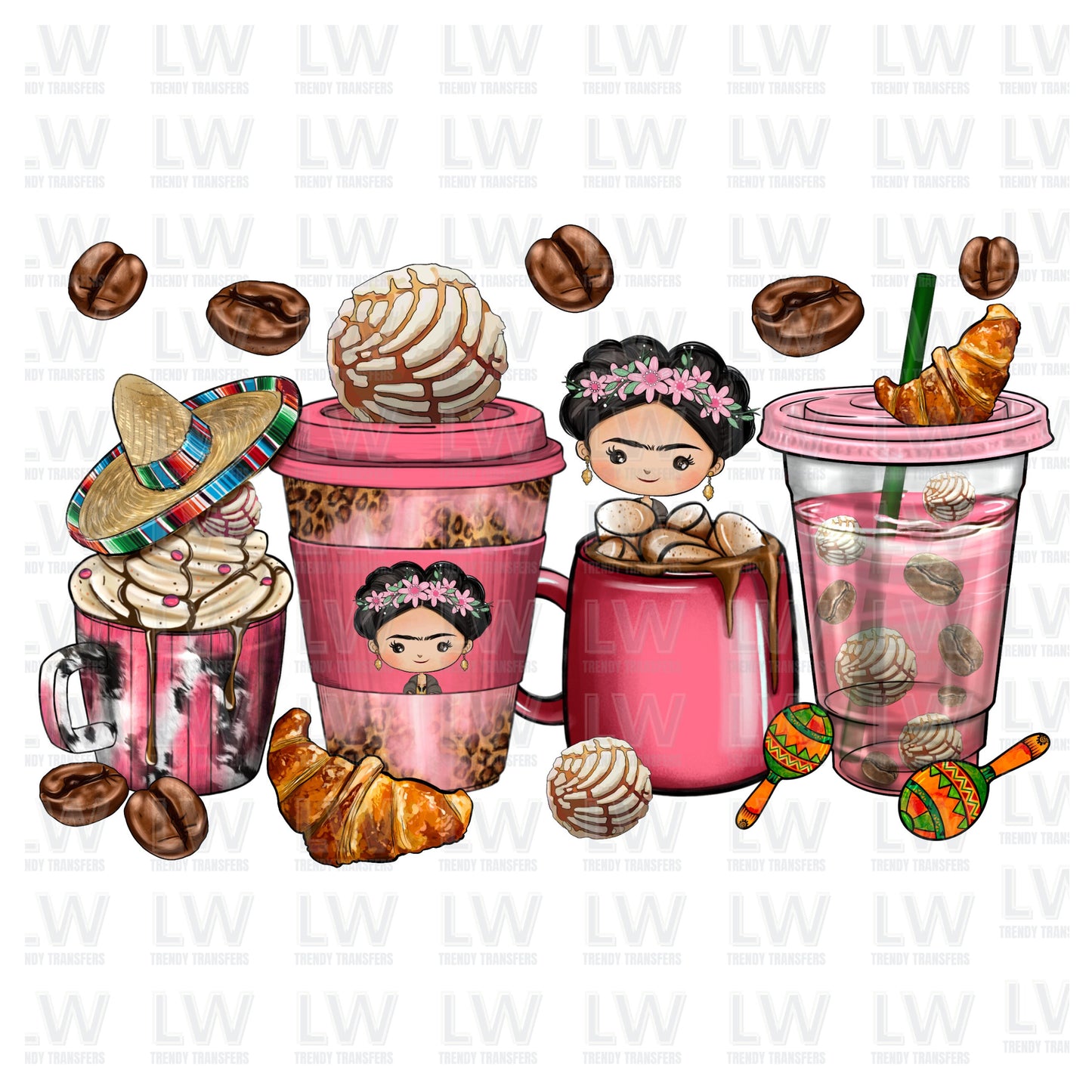 FRIDA KAHLO CAFECITO Y CONCHAS DTF TRANSFER