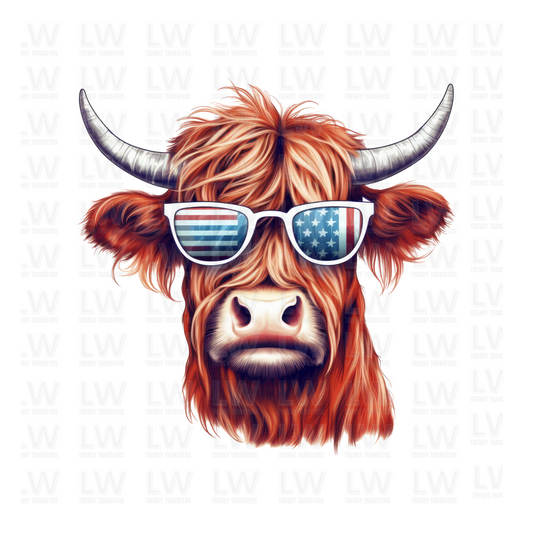 Highland Cow with Glasses -  4TH OF JULY DTF Transfer