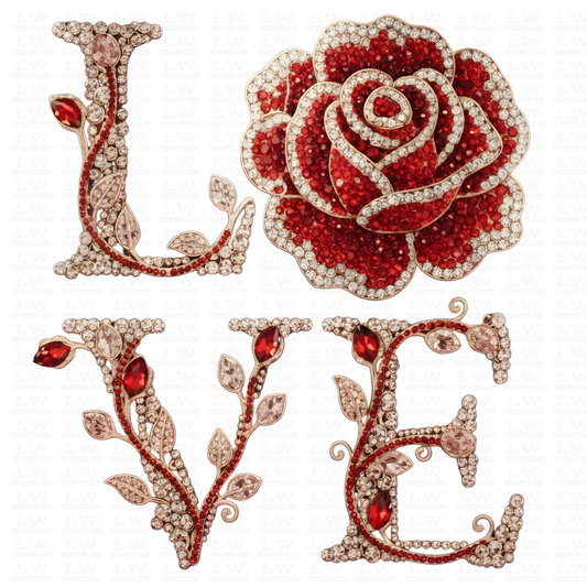 Red Love Rhinestone Rose, Valentine’s Day DTF Transfer,  VD-187