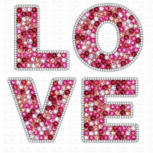 Decorative 'LOVE' word with pink and red gemstones on a white background