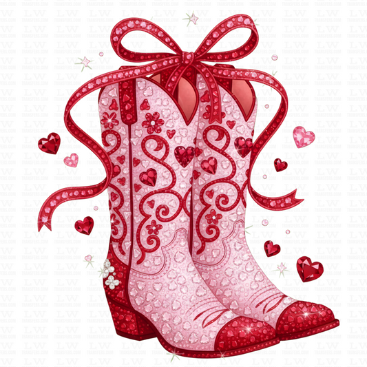 Decorative red cowboy boots with a large bow and heart details on a white background