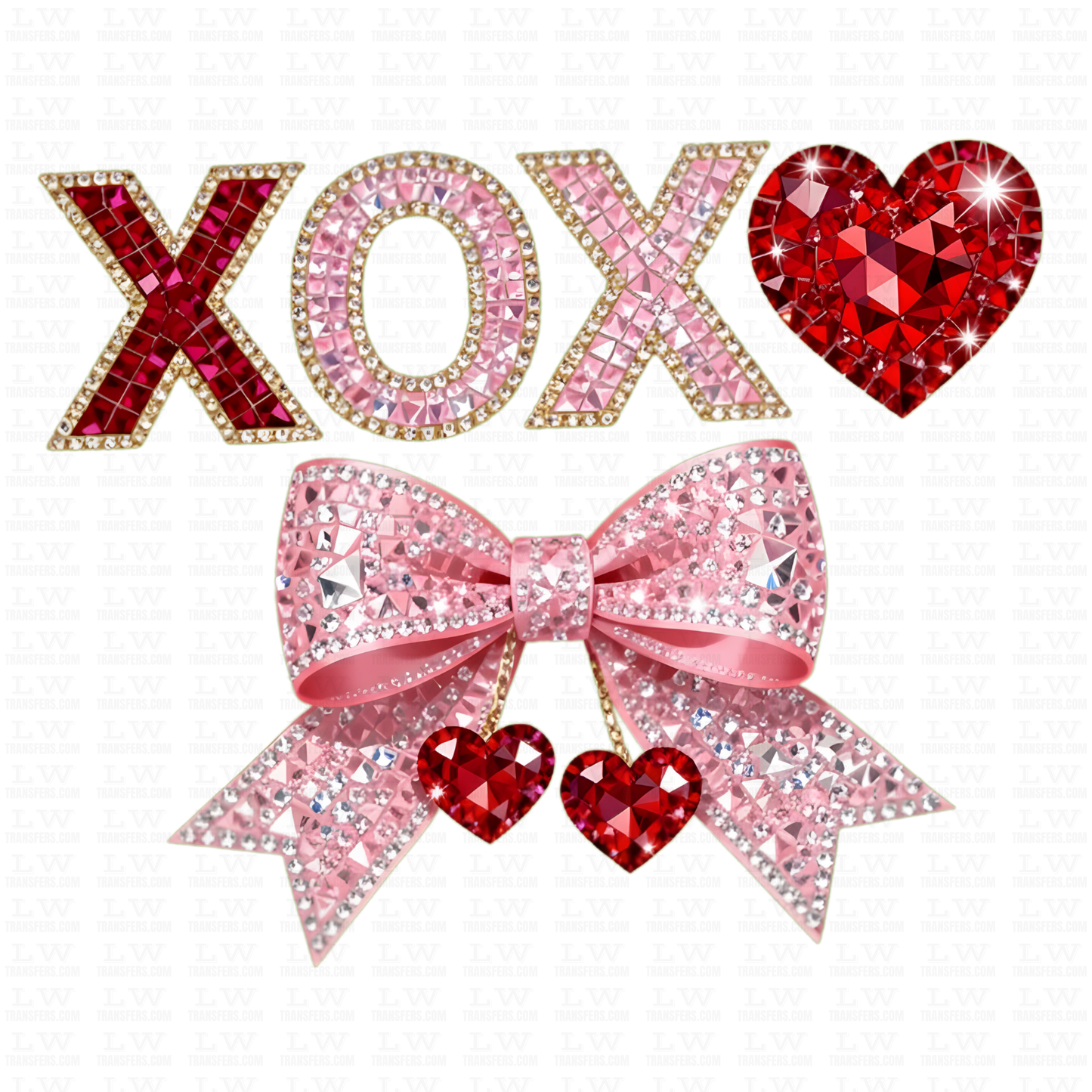Decorative elements with 'XOX' letters, a heart, and a bow on a white background