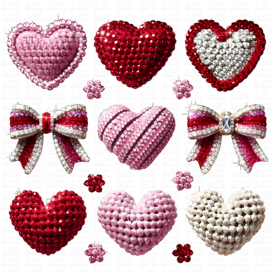 Collection of heart-shaped and bow-shaped decorative items with rhinestones on a white background